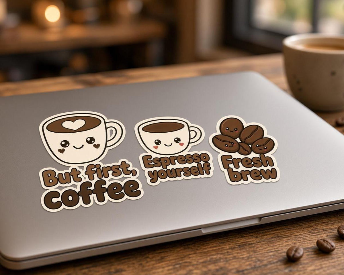 But First Coffee Stickers, Die-Cut Cafe Decals, Laptop Journal Gift