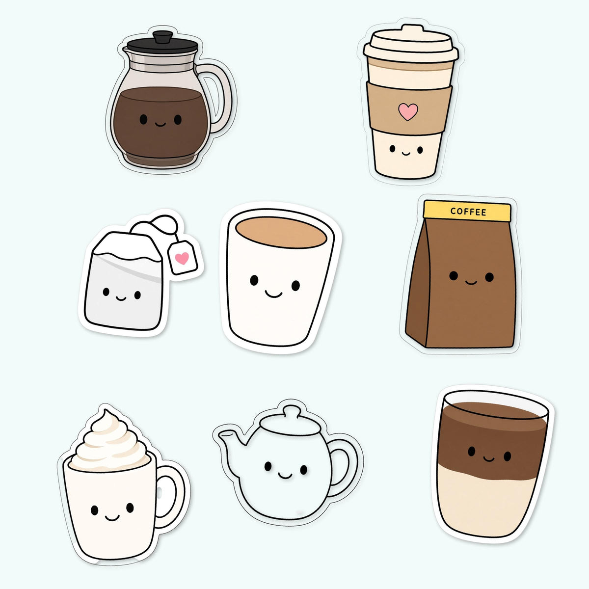 Kawaii Coffee Tea Stickers, Die-Cut Decals for Laptops, Journals (Set of 8)