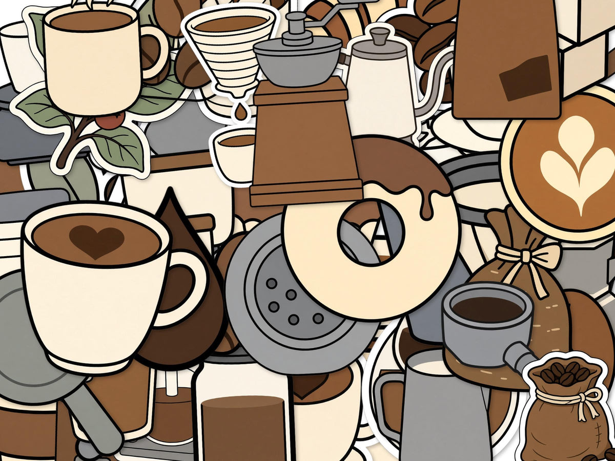 Coffee Icon Stickers, 50+ Cafe Decals, Pour Over Croissant Laptop Stickers, Die Cut Set