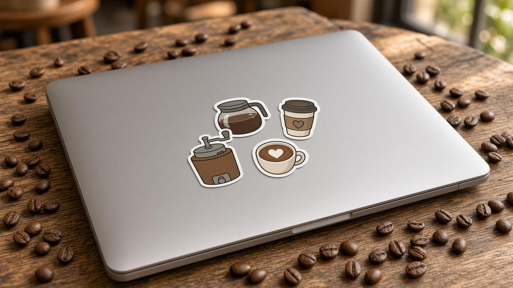 Coffee Icon Stickers, 50+ Cafe Decals, Pour Over Croissant Laptop Stickers, Die Cut Set