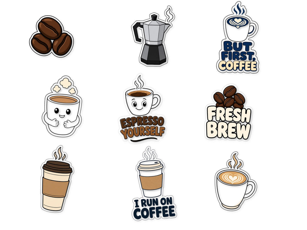 9 Coffee Quote Stickers, But First Coffee Decals, Espresso Yourself Laptop Journal