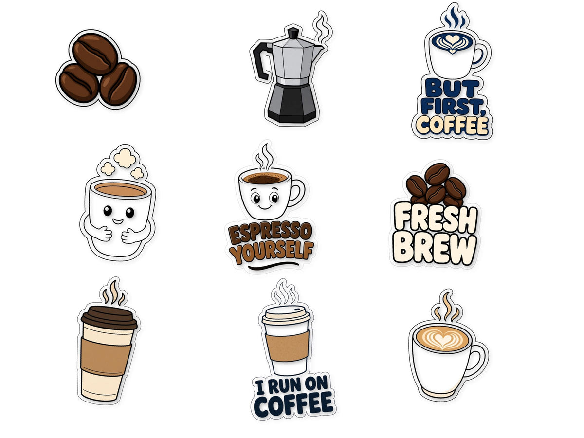 9 Coffee Quote Stickers, But First Coffee Decals, Espresso Yourself Laptop Journal