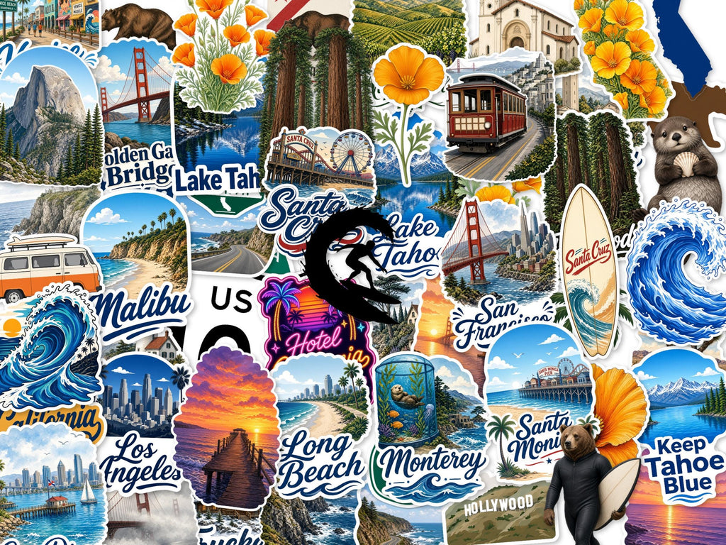 California Stickers, 50+ Travel Decals, Poppy Golden Gate Santa Cruz Laptop Journal Set