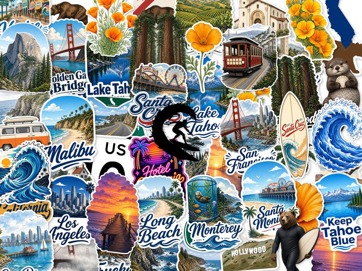 California Stickers, 50+ Travel Decals, Poppy Golden Gate Santa Cruz Laptop Journal Set