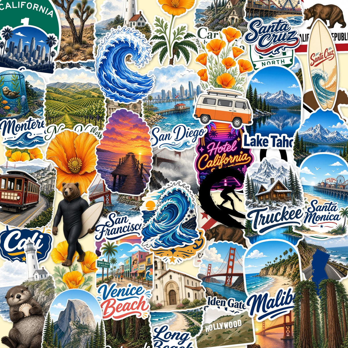 California Stickers, 50+ Travel Decals, Poppy Golden Gate Santa Cruz Laptop Journal Set