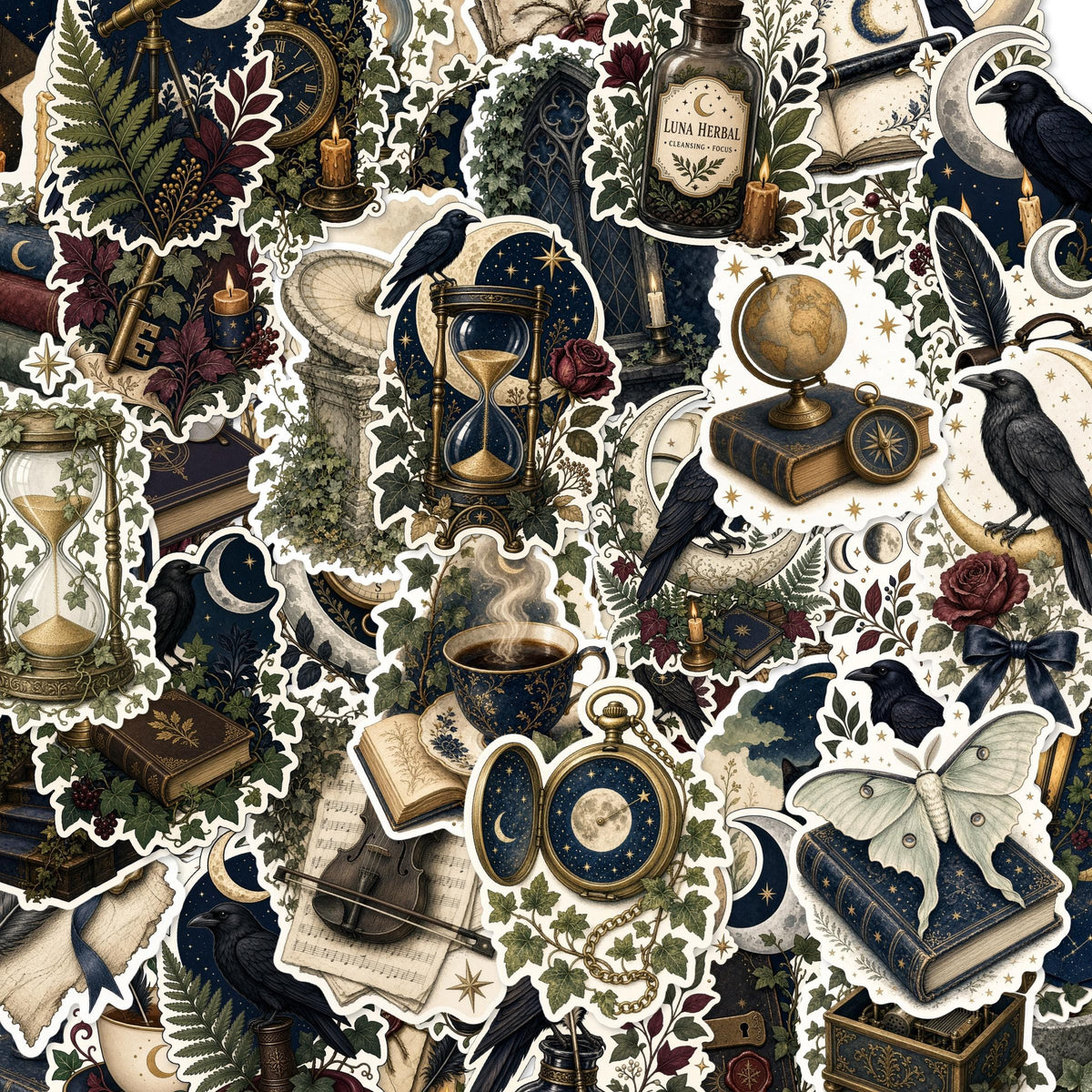 Dark Academia Stickers, Book Raven Moon Decals, Laptop Journal Library Set