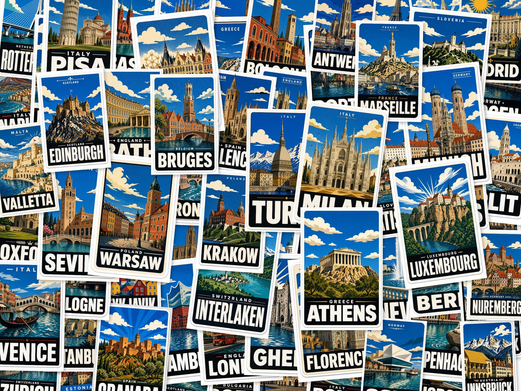 Europe City Stickers, Vintage Travel Decals, Paris Rome Venice Laptop Journal Set