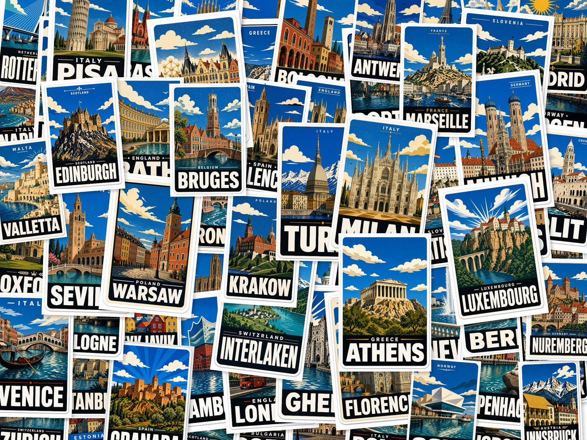 Europe City Stickers, Vintage Travel Decals, Paris Rome Venice Laptop Journal Set