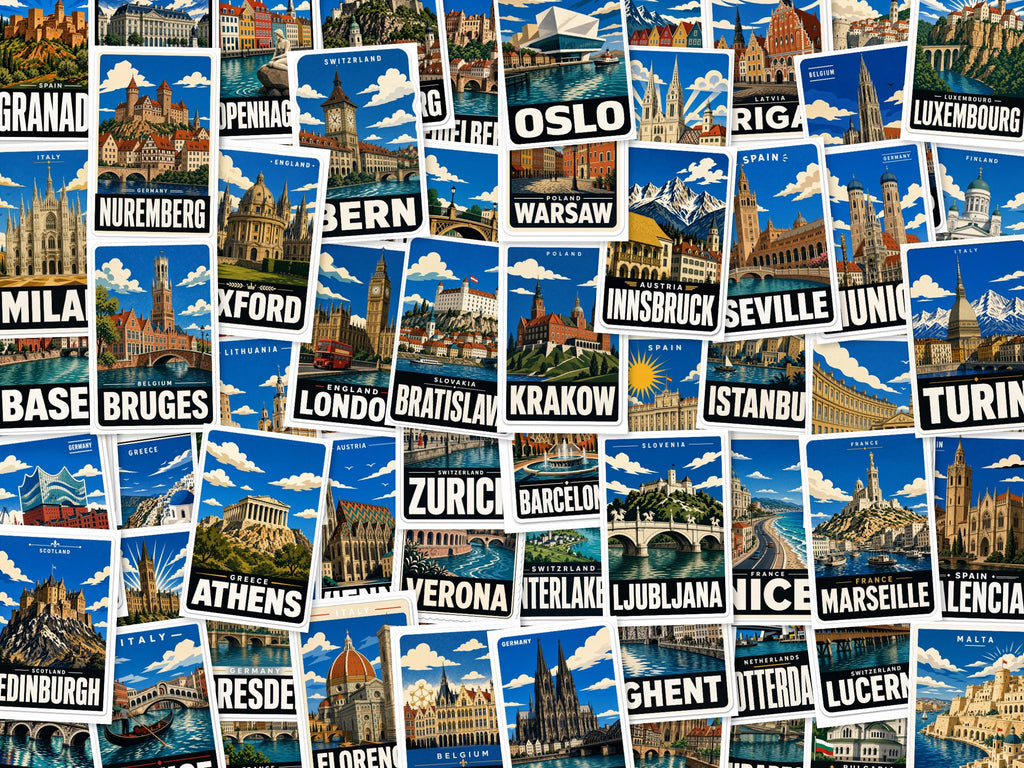 Europe City Stickers, Vintage Travel Decals, Paris Rome Venice Laptop Journal Set