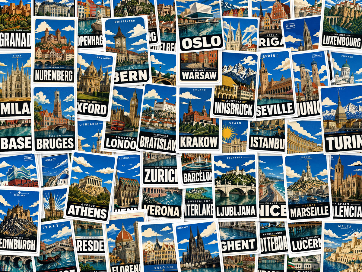Europe City Stickers, Vintage Travel Decals, Paris Rome Venice Laptop Journal Set