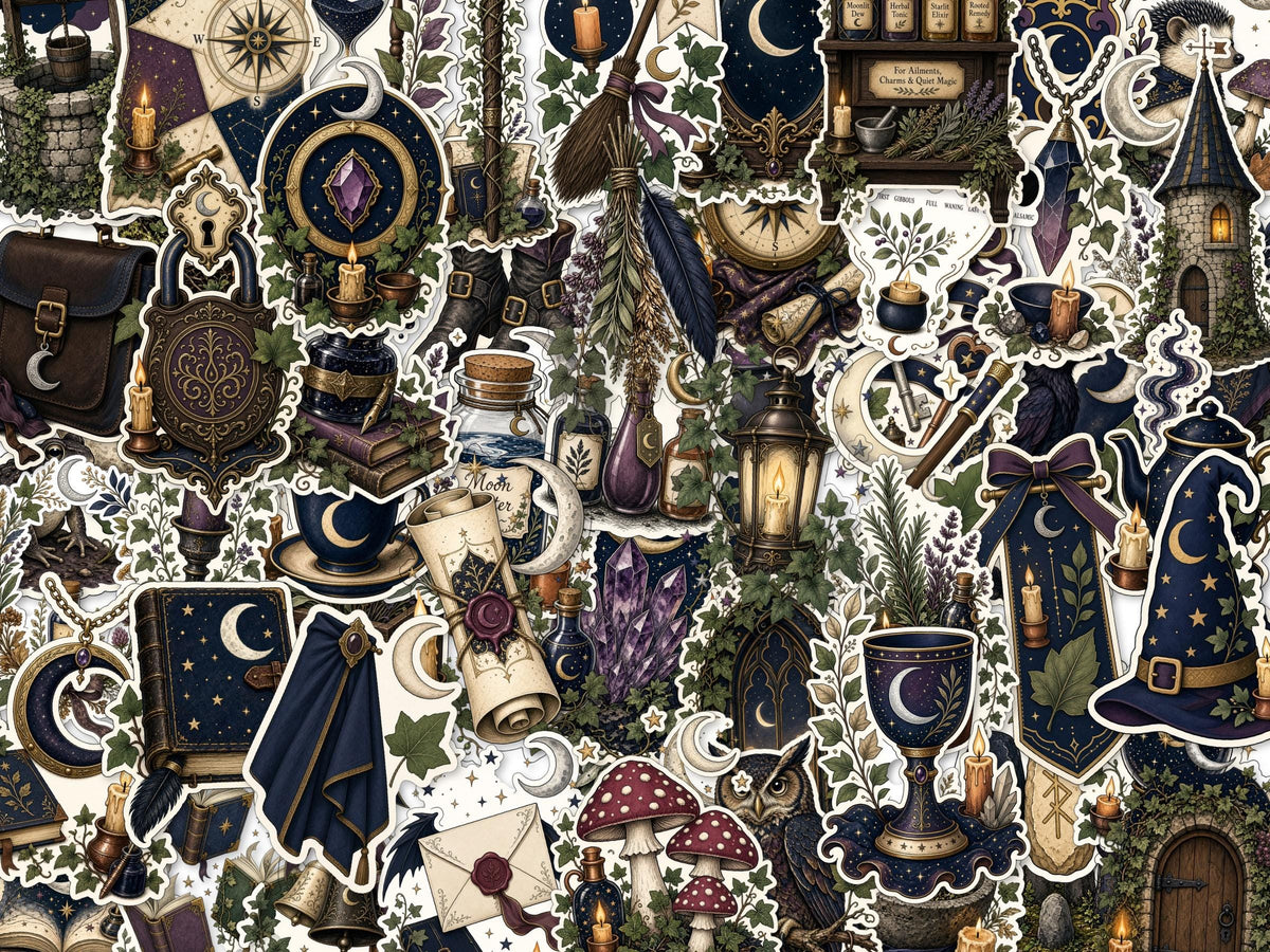 Wizardry Witchy Stickers, Moon Owl Potion Decals, Dark Cottagecore Laptop Journal Set