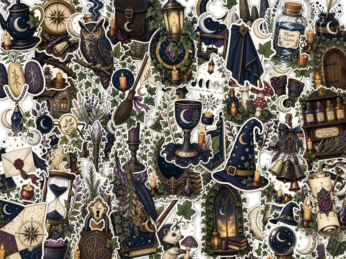 Wizardry Witchy Stickers, Moon Owl Potion Decals, Dark Cottagecore Laptop Journal Set