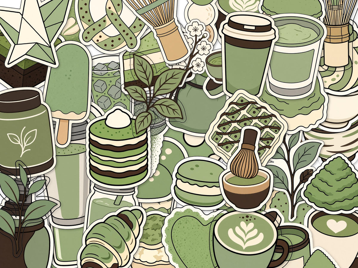 Matcha Stickers, Green Tea Pastry Decals, Whisk Latte Laptop Journal Set