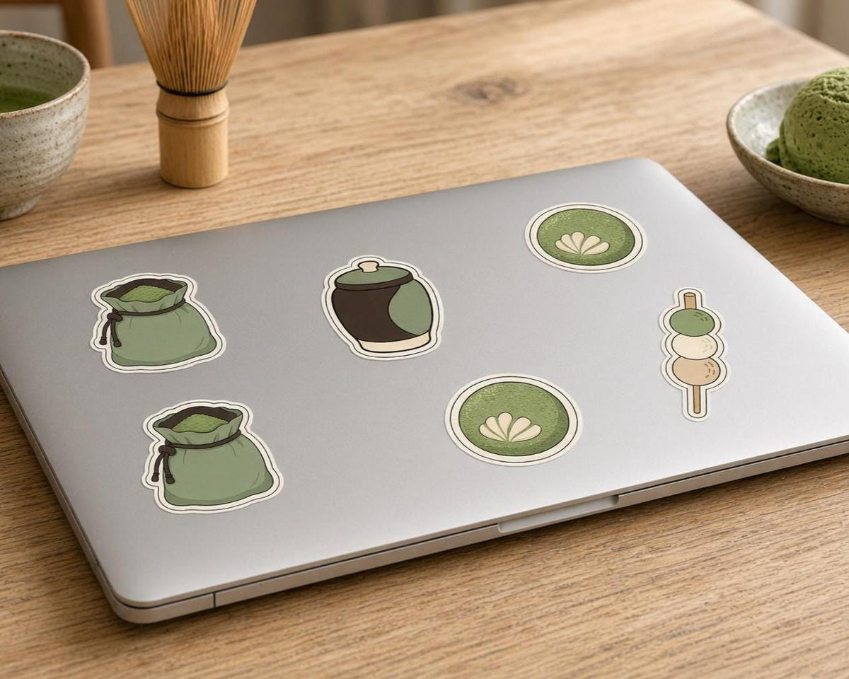 Matcha Stickers, Green Tea Pastry Decals, Whisk Latte Laptop Journal Set