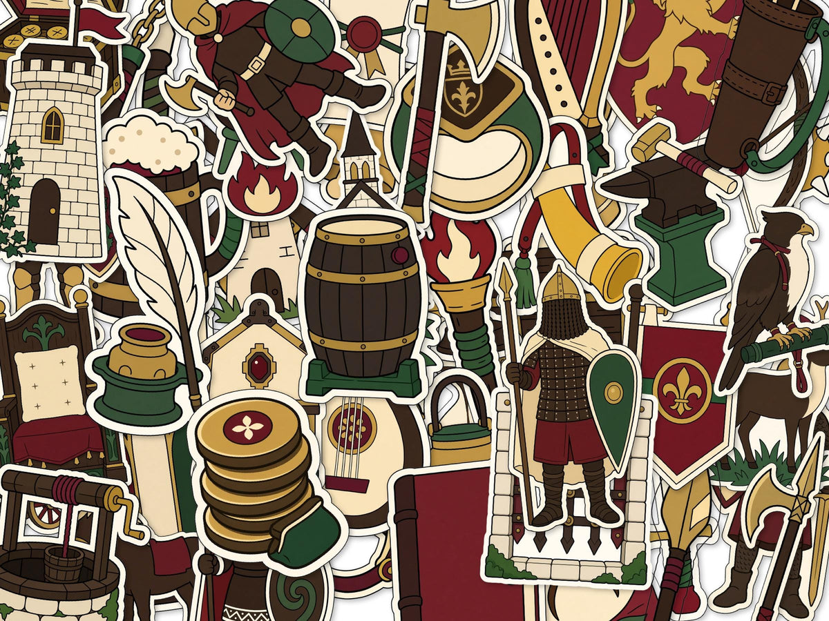Medieval Stickers, Knight Castle Decals, Sword Shield Laptop Journal Set