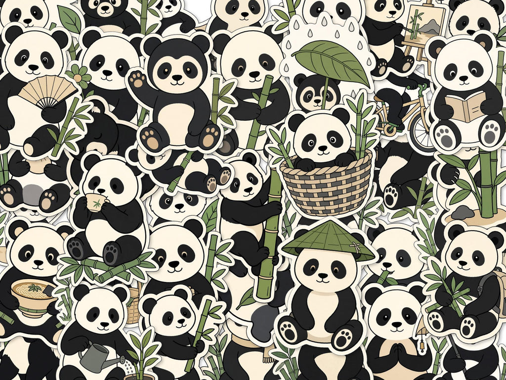 Panda Bamboo Stickers, Reading, Bike, Hammock, Parasol, Drum, Bamboo (Set)