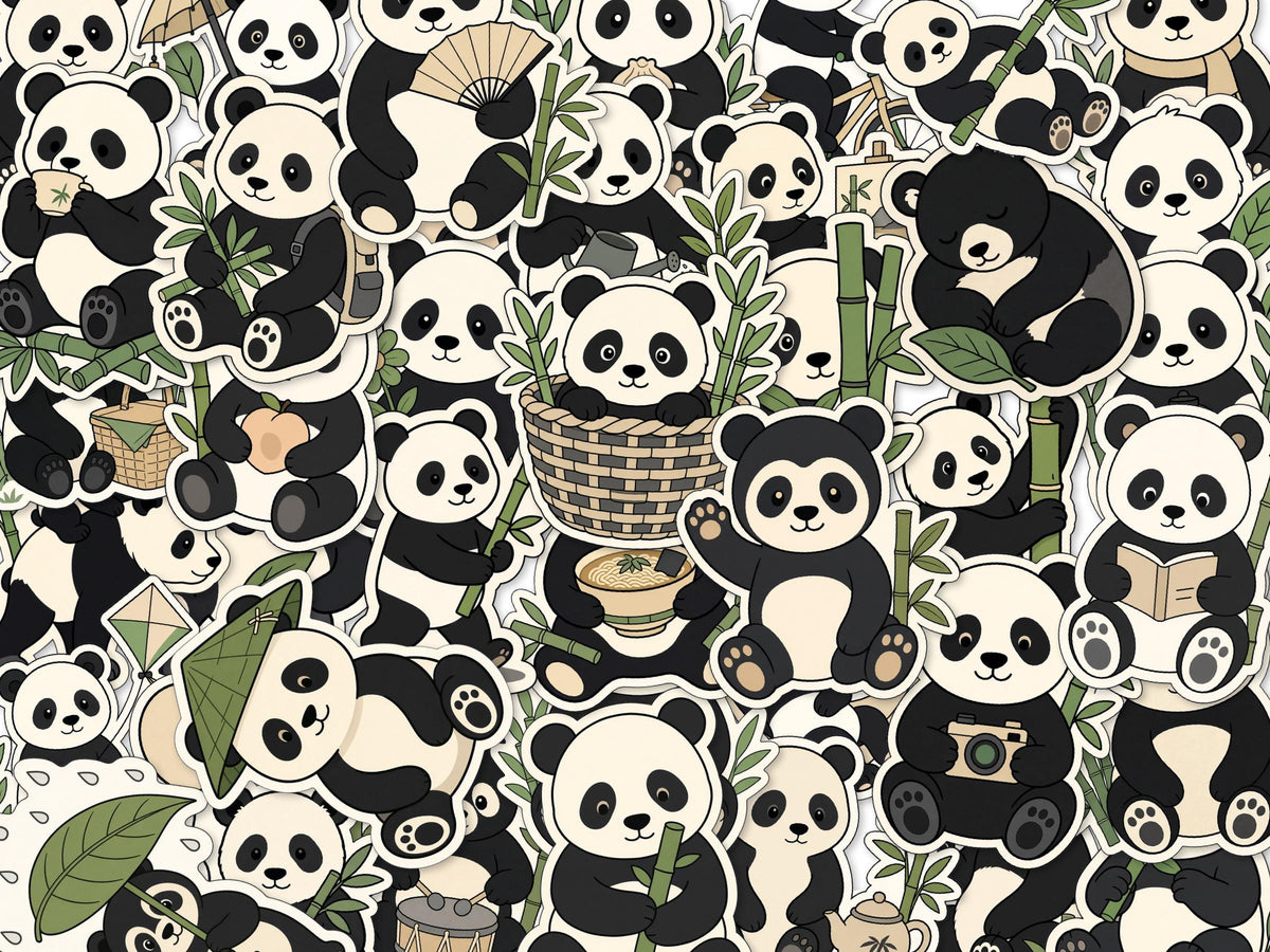 Panda Bamboo Stickers, Reading, Bike, Hammock, Parasol, Drum, Bamboo (Set)