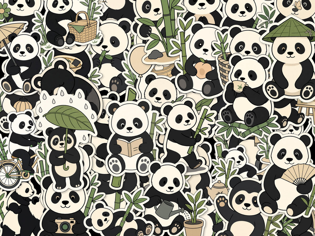 Panda Bamboo Stickers, Reading, Bike, Hammock, Parasol, Drum, Bamboo (Set)