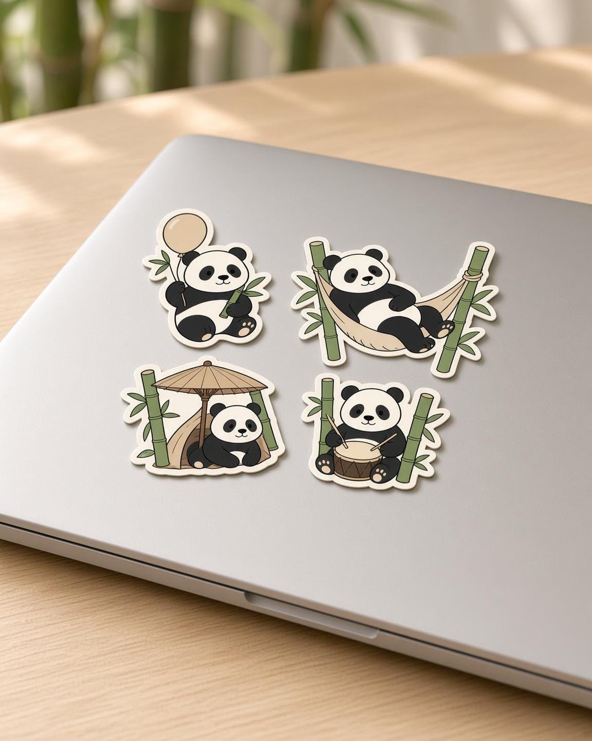 Panda Bamboo Stickers, Reading, Bike, Hammock, Parasol, Drum, Bamboo (Set)