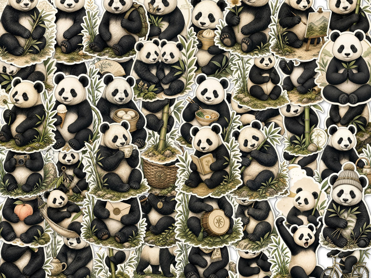 Illustrated Panda Stickers, Bamboo Fan Tea Decals, Vintage Laptop Journal Set