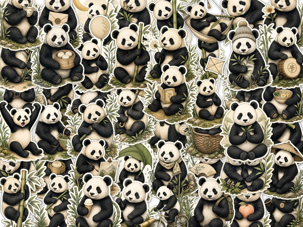 Illustrated Panda Stickers, Bamboo Fan Tea Decals, Vintage Laptop Journal Set