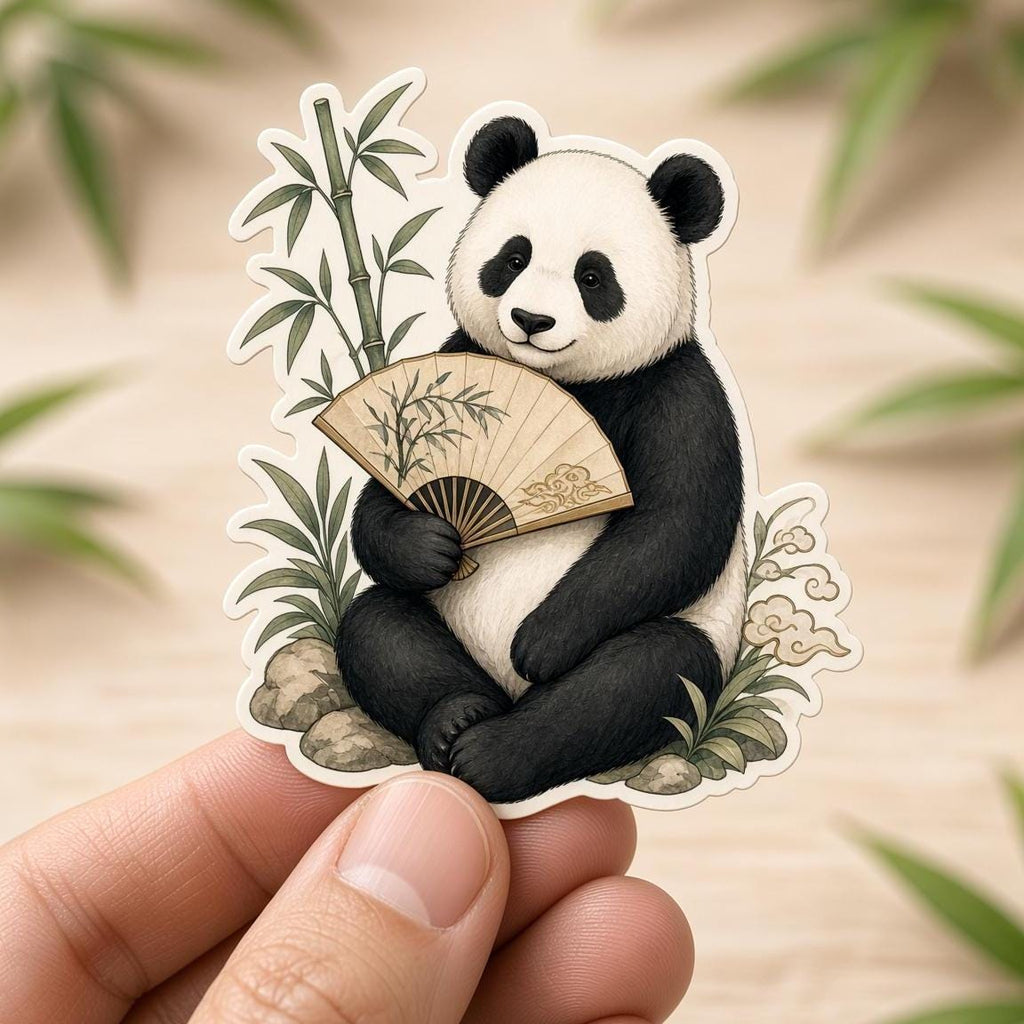 Illustrated Panda Stickers, Bamboo Fan Tea Decals, Vintage Laptop Journal Set
