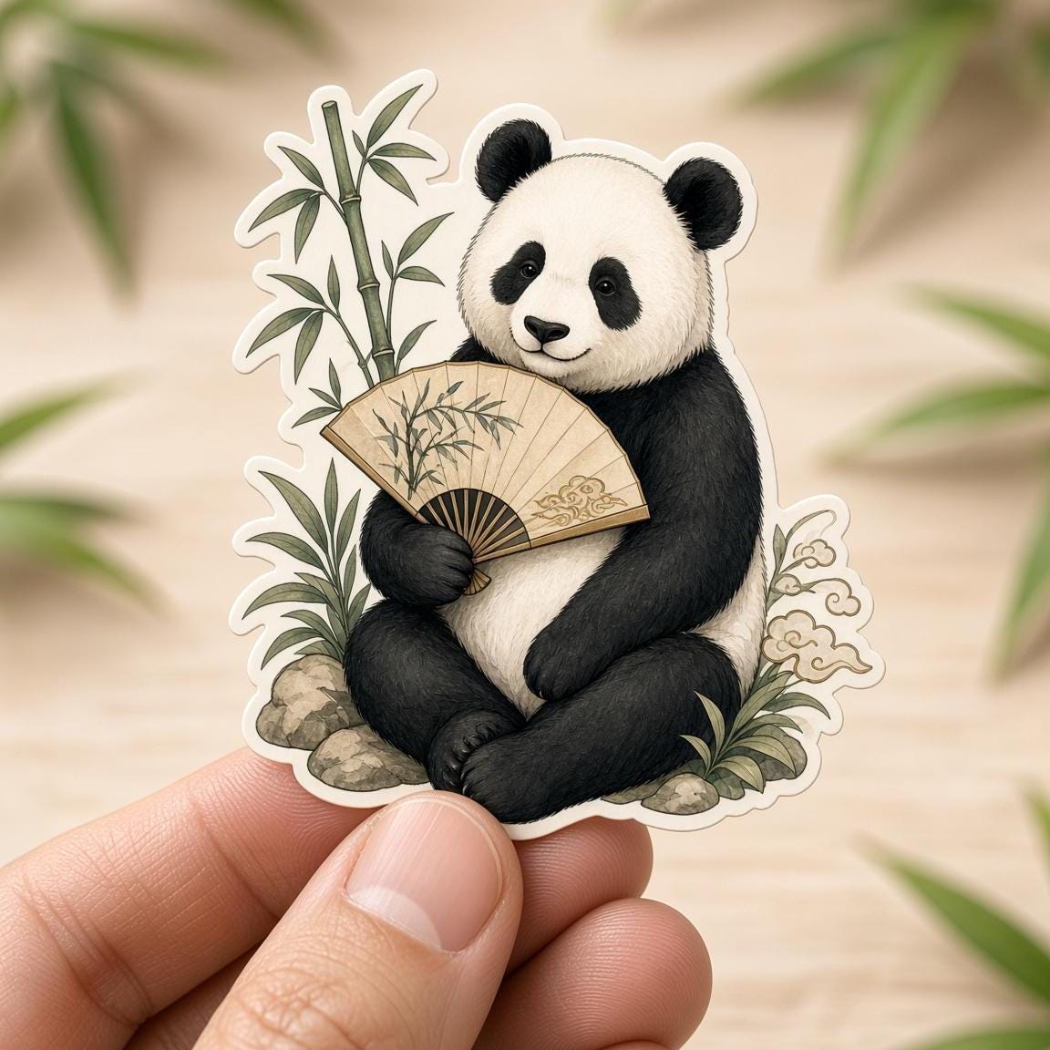 Illustrated Panda Stickers, Bamboo Fan Tea Decals, Vintage Laptop Journal Set