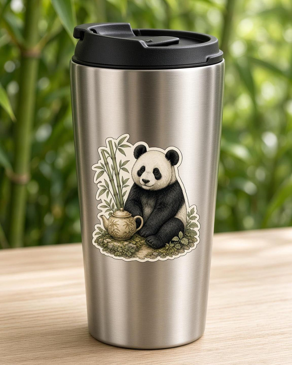 Illustrated Panda Stickers, Bamboo Fan Tea Decals, Vintage Laptop Journal Set