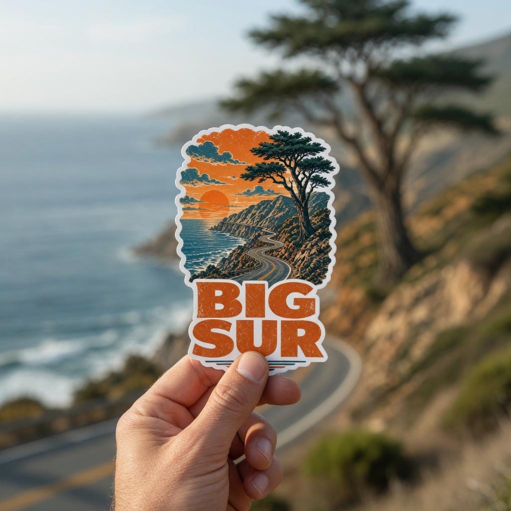 Vintage California Travel Sticker Pack, Die-Cut Vinyl, Sunset Stripes (68 Stickers)