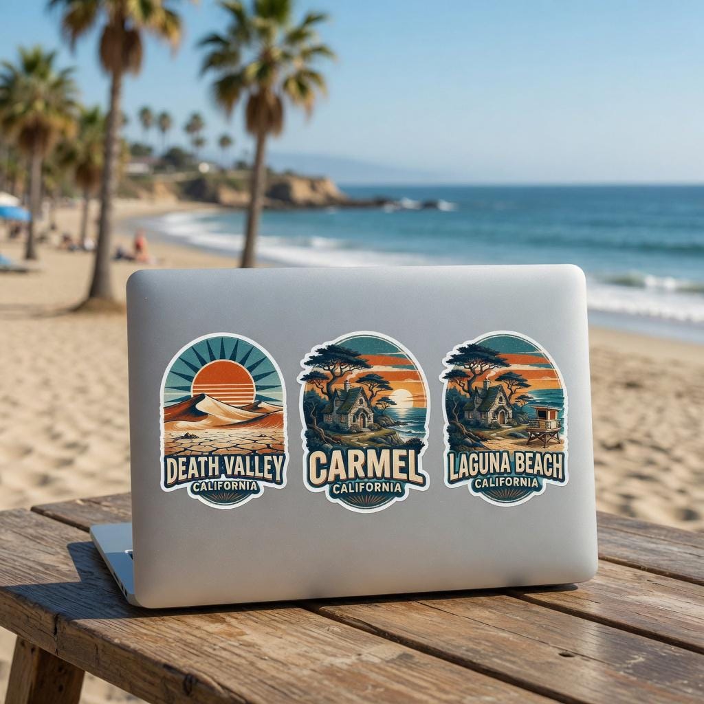 Vintage California Travel Sticker Pack, Die-Cut Vinyl, Sunset Stripes (68 Stickers)
