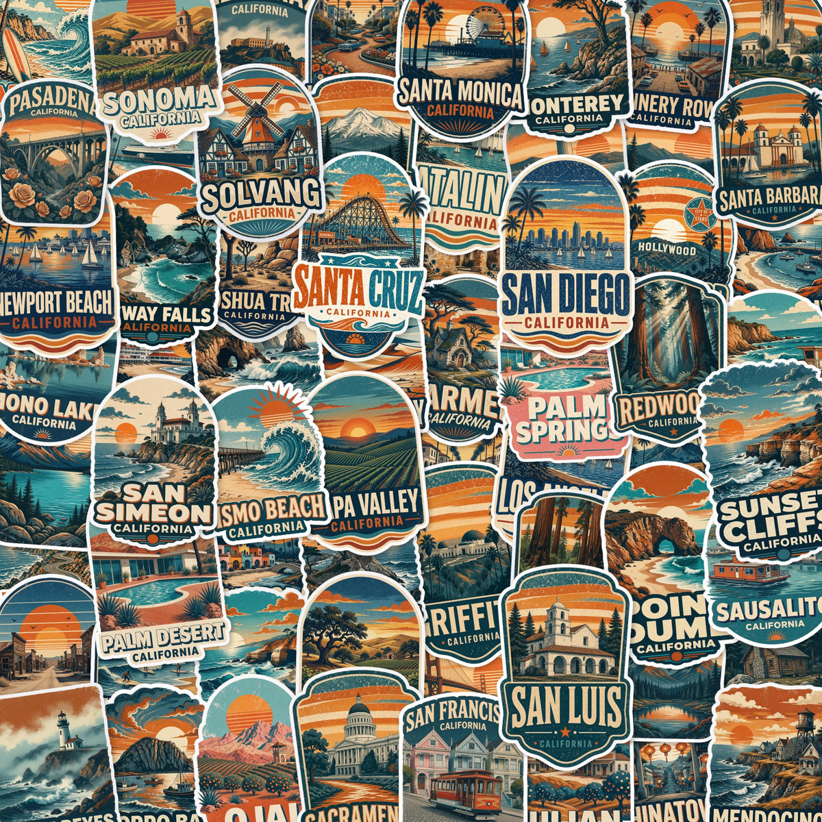 Vintage California Travel Sticker Pack, Die-Cut Vinyl, Sunset Stripes (68 Stickers)