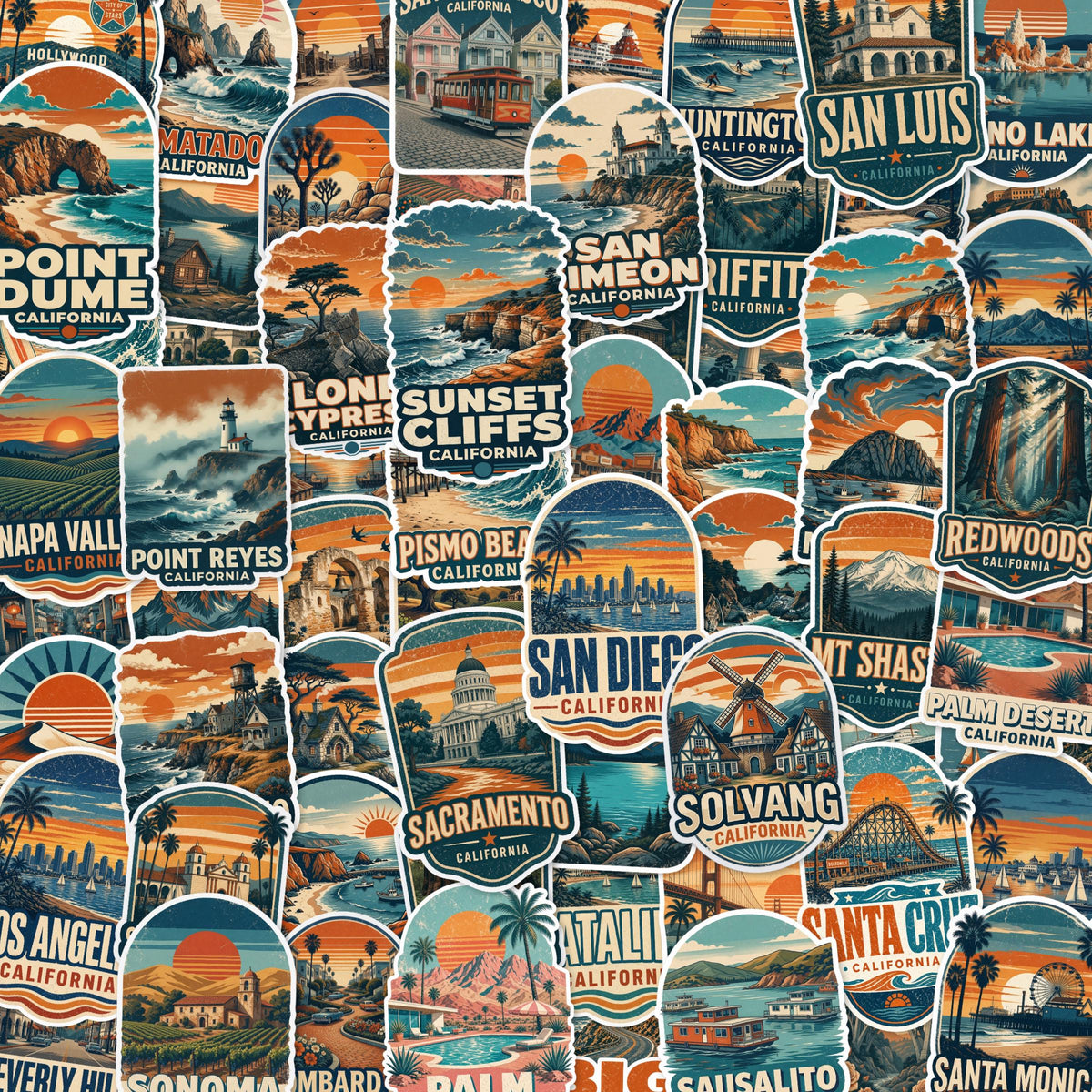 Vintage California Travel Sticker Pack, Die-Cut Vinyl, Sunset Stripes (68 Stickers)