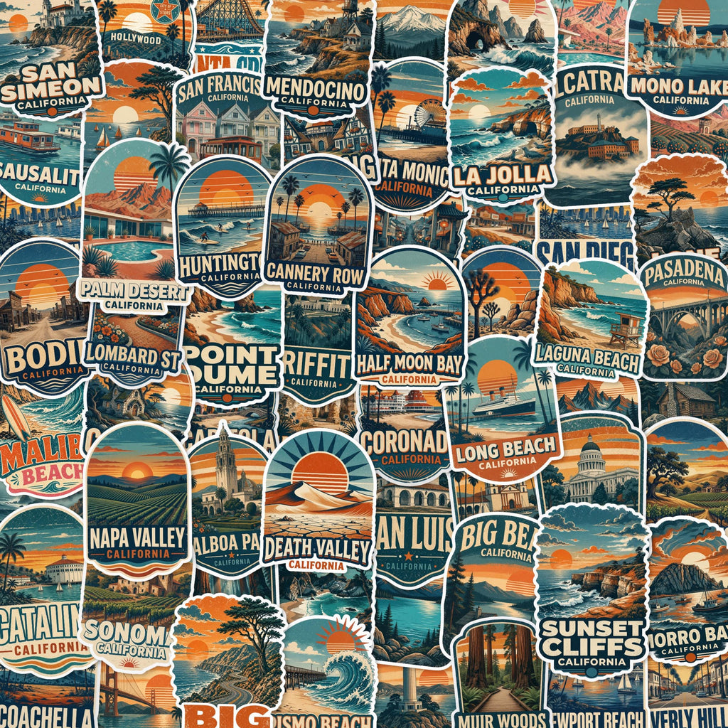 Vintage California Travel Sticker Pack, Die-Cut Vinyl, Sunset Stripes (68 Stickers)