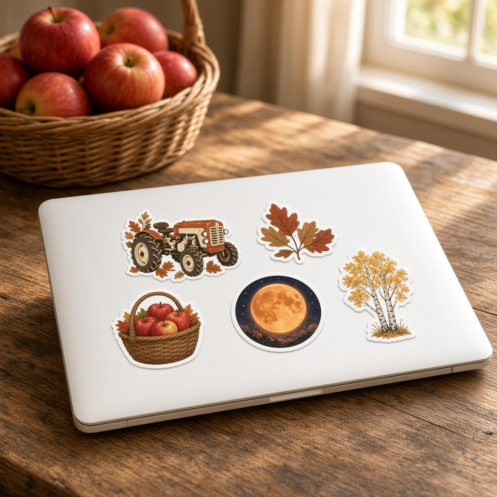 Fall Harvest Stickers, Autumn Die-Cut Set, Pumpkin Leaf Cider Cozy Journal Laptop Bottle Stickers