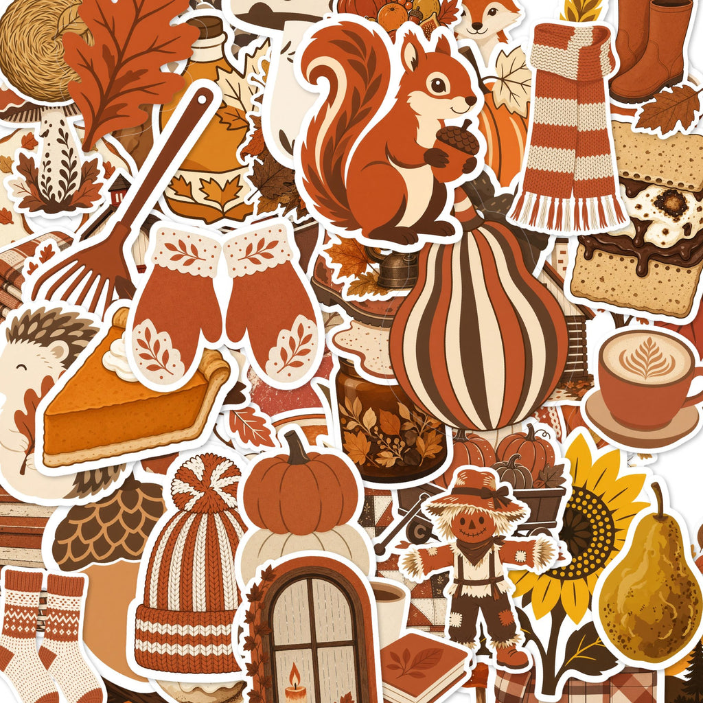 Fall Harvest Stickers, Autumn Die-Cut Set, Pumpkin Leaf Cider Cozy Journal Laptop Bottle Stickers