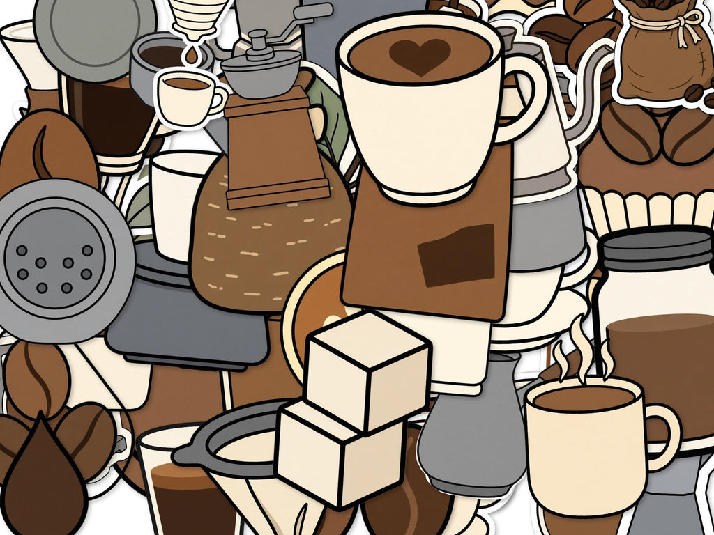 Coffee Icon Stickers, 50+ Cafe Decals, Pour Over Croissant Laptop Stickers, Die Cut Set