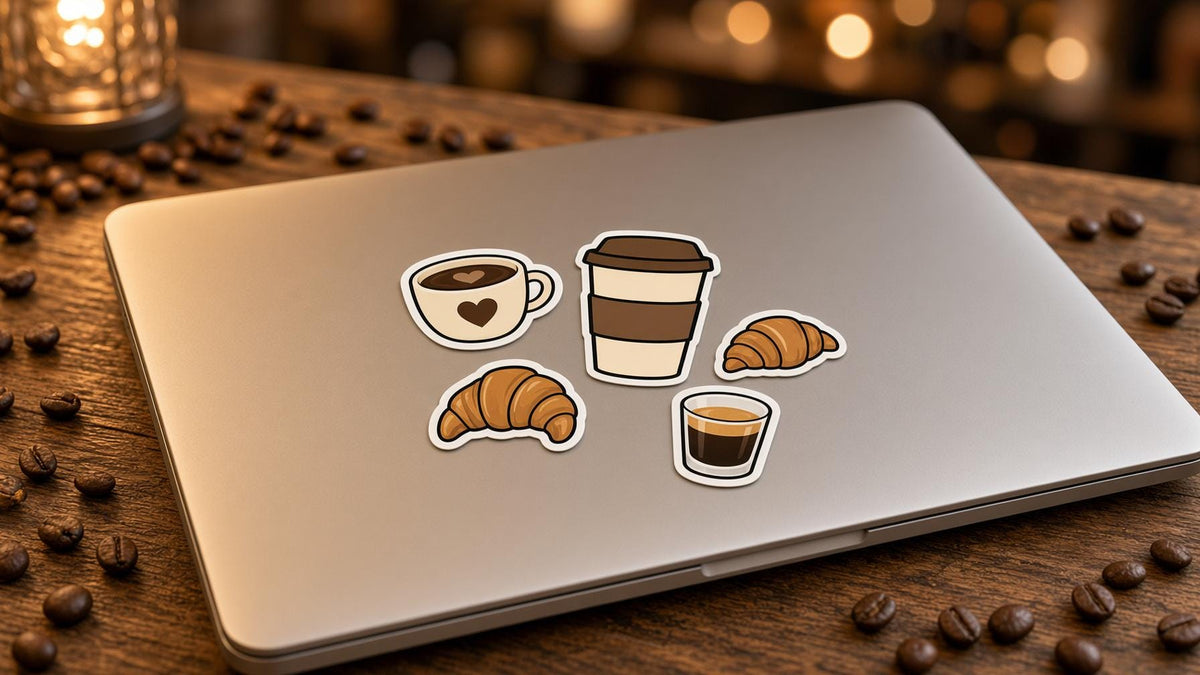 Coffee Icon Stickers, 50+ Cafe Decals, Pour Over Croissant Laptop Stickers, Die Cut Set