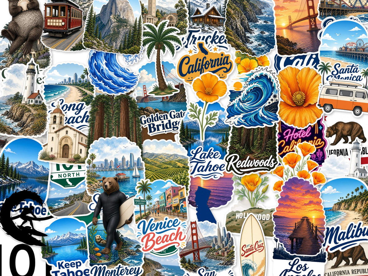 California Stickers, 50+ Travel Decals, Poppy Golden Gate Santa Cruz Laptop Journal Set