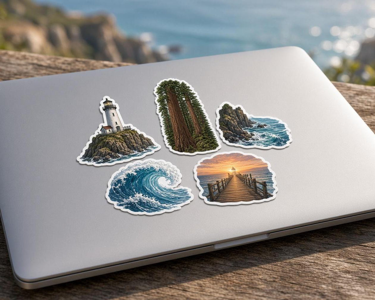 California Stickers, 50+ Travel Decals, Poppy Golden Gate Santa Cruz Laptop Journal Set