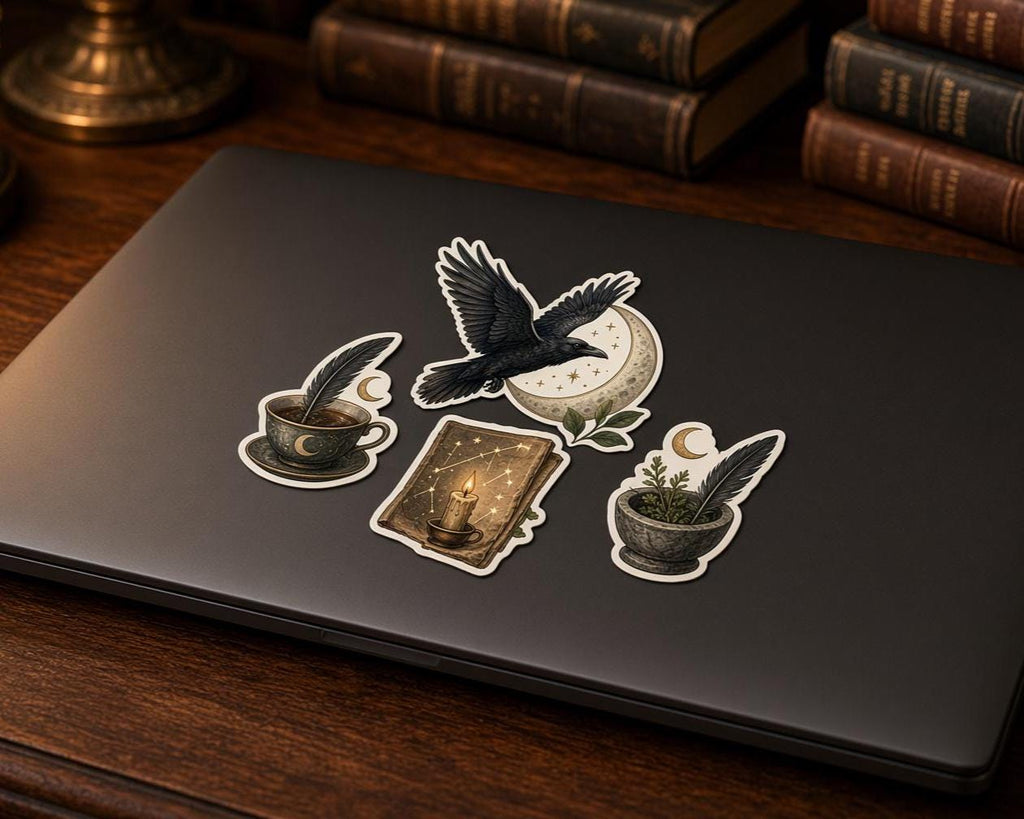 Dark Academia Stickers, Book Raven Moon Decals, Laptop Journal Library Set