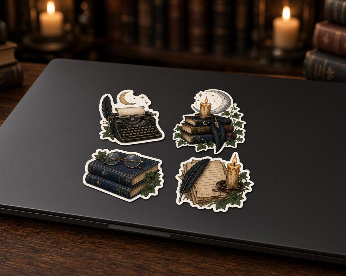 Dark Academia Stickers, Book Raven Moon Decals, Laptop Journal Library Set