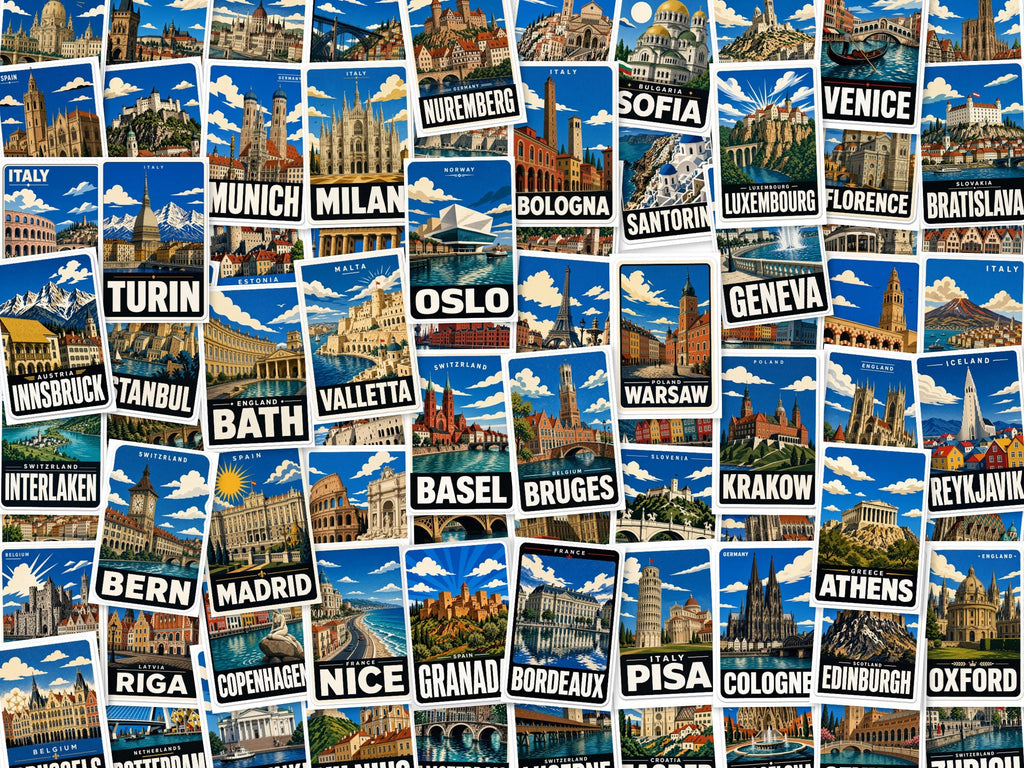 Europe City Stickers, Vintage Travel Decals, Paris Rome Venice Laptop Journal Set