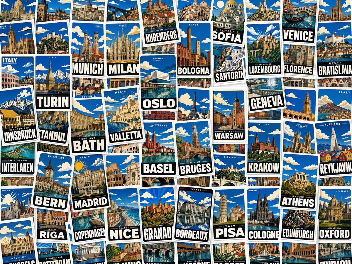 Europe City Stickers, Vintage Travel Decals, Paris Rome Venice Laptop Journal Set