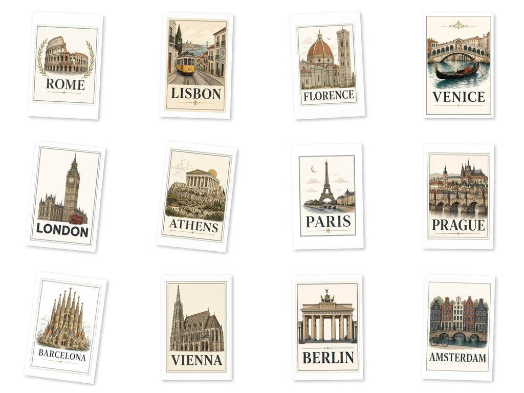 12 Europe City Stickers, Vintage Rome Paris Venice Decals, Laptop Journal Travel Set