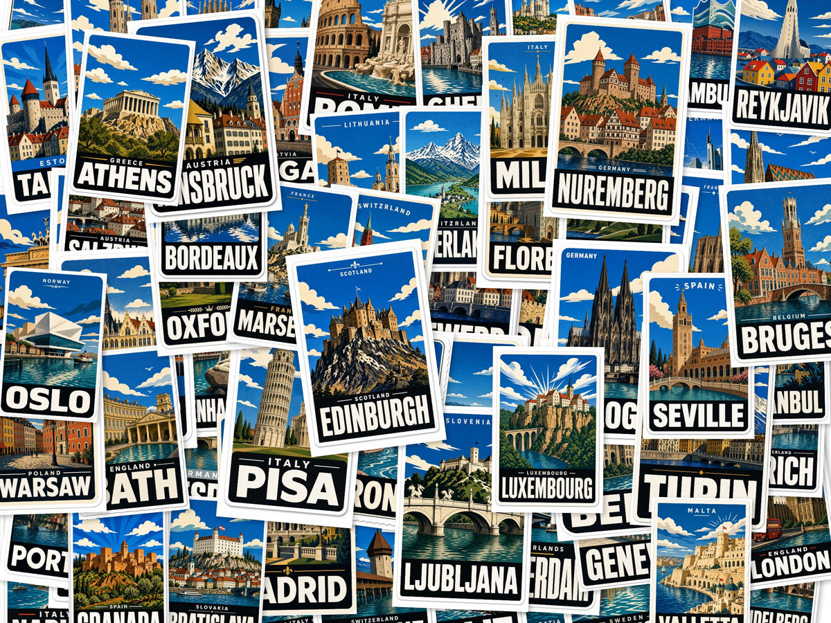 Europe City Stickers, Vintage Rome Paris Venice Decals, Laptop Journal Travel Set
