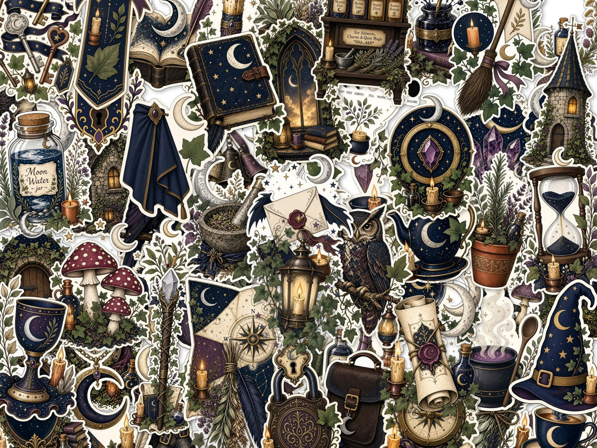 Wizardry Witchy Stickers, Moon Owl Potion Decals, Dark Cottagecore Laptop Journal Set