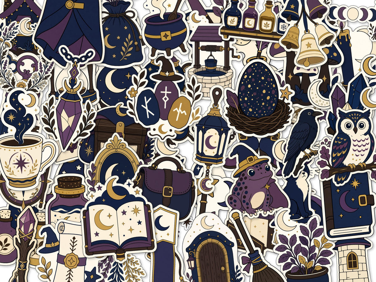 Navy Cottagecore Witch Stickers, Owl, Potion, Moon Decals