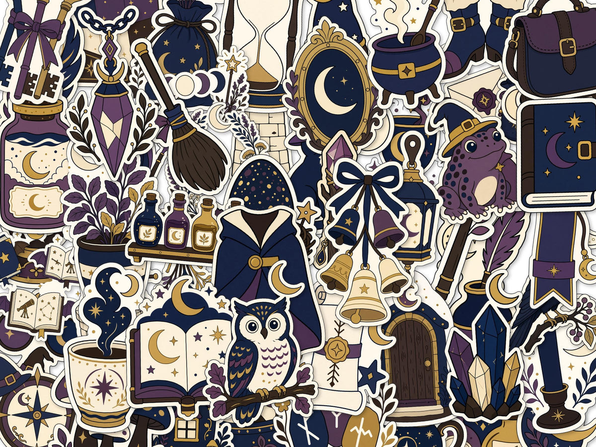 Navy Cottagecore Witch Stickers, Owl, Potion, Moon Decals