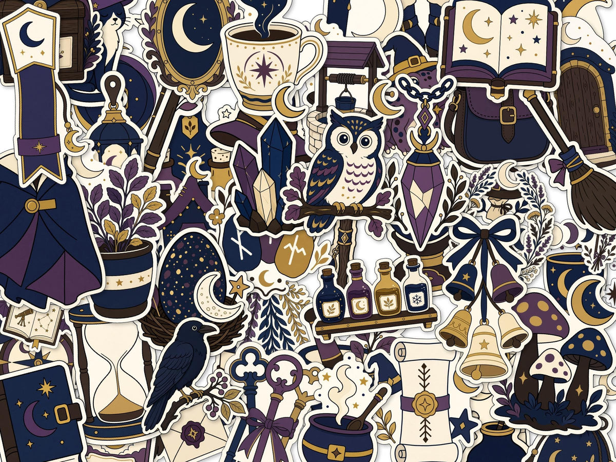 Navy Cottagecore Witch Stickers, Owl, Potion, Moon Decals