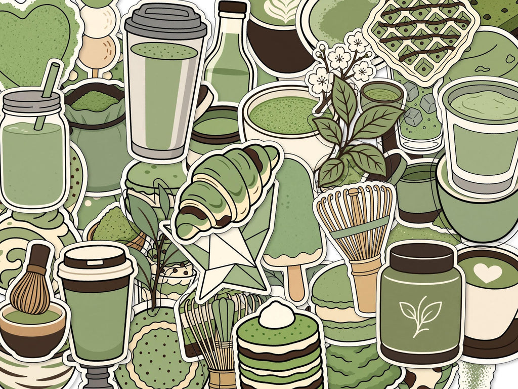 Matcha Stickers, Green Tea Pastry Decals, Whisk Latte Laptop Journal Set